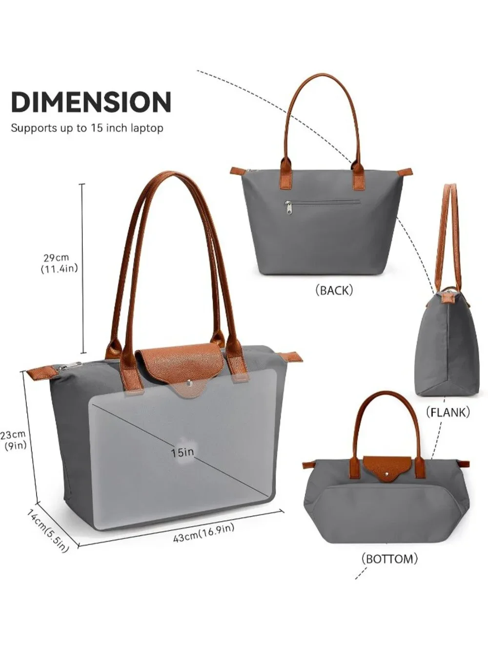 👜Women's Blue Grey Nylon Tote Bag Large Capacity Shoulder Handbag With Zipper